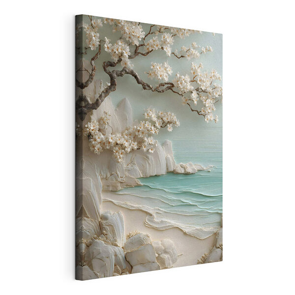 Gemälde eines Strandes mit weißen Blumen und einem Baum Wandbilder Gemälde eines Strandes mit weißen Blumen und einem Baum
