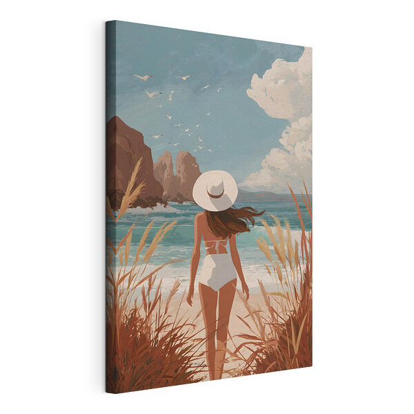 Wandbilder Frau in Badeanzug und mit Hut, die am Strand spazieren geht (Artikelnummer: s49253) Wandbilder Wandbilder Frau in Badeanzug und mit Hut, die am Strand spazieren geht (Artikelnummer: s49253)