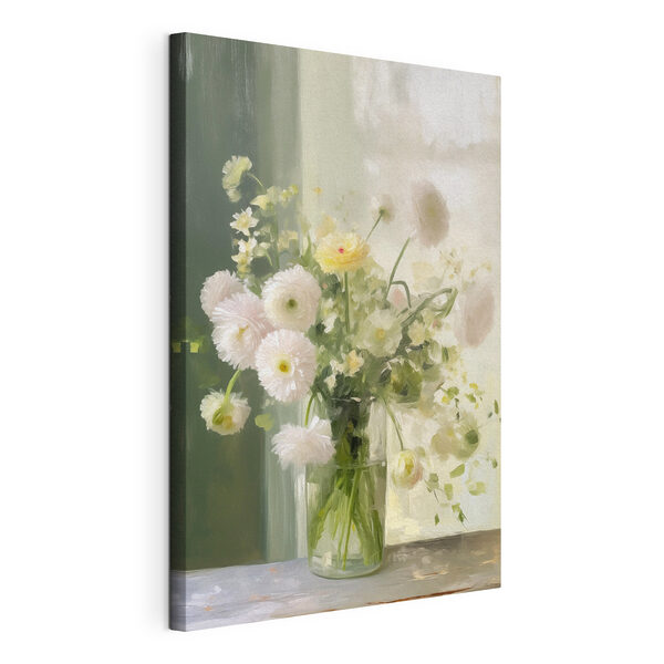 Wandbilder Strauß aus weißen und gelben Blumen in einer Glasvase