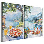 Modularer Leinwanddruck Aquarellbild eines Tisches, auf dem Pizzen und Getränke stehen