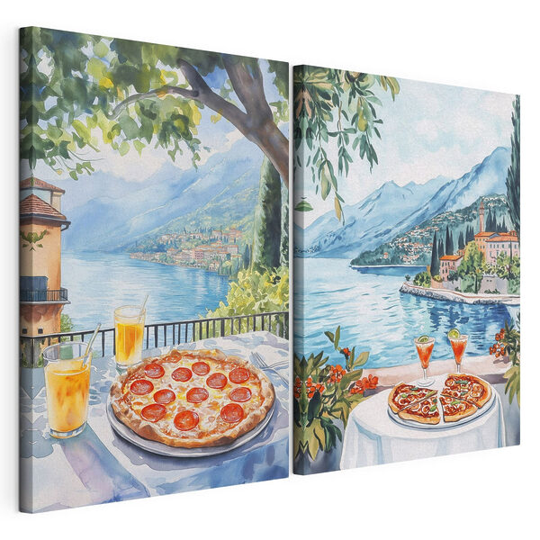 Modularer Leinwanddruck Aquarellbild eines Tisches, auf dem Pizzen und Getränke stehen (Artikelnummer: m00406) Modularer Leinwanddruck Modularer Leinwanddruck Aquarellbild eines Tisches, auf dem Pizzen und Getränke stehen (Artikelnummer: m00406)
