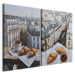 Modularer Leinwanddruck Gemälde einer Stadt mit einem Croissant und einer Schale Obst
