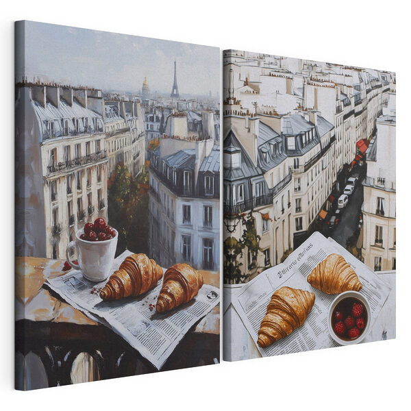 Modularer Leinwanddruck Gemälde einer Stadt mit einem Croissant und einer Schale Obst (Artikelnummer: m00445) Modularer Leinwanddruck Modularer Leinwanddruck Gemälde einer Stadt mit einem Croissant und einer Schale Obst (Artikelnummer: m00445)