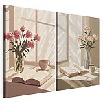 Modularer Leinwanddruck Eine Vase mit Blumen und ein Buch auf der Fensterbank