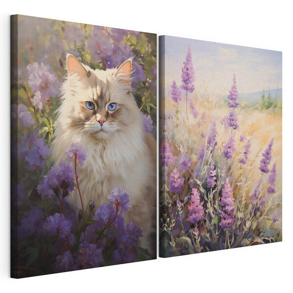 Modularer Leinwanddruck Katze in einem Blumenfeld