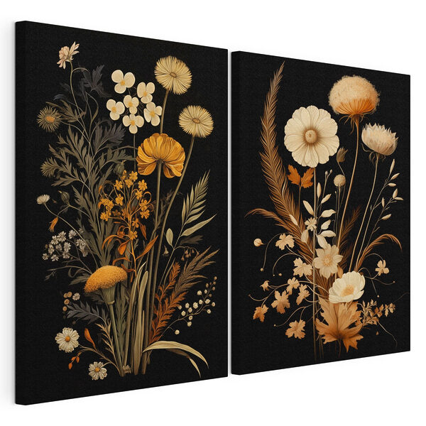 Modularer Leinwanddruck Verspielte botanische Kunst auf schwarzem Hintergrund