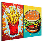 Modularer Leinwanddruck Burger und Pommes in einer roten Tüte