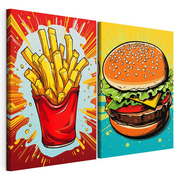 Burger und Pommes in einer roten Tüte Modularer Leinwanddruck Burger und Pommes in einer roten Tüte