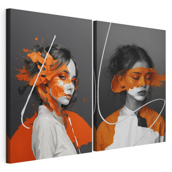 Modularer Leinwanddruck Frau mit orangefarbener Farbe im Gesicht