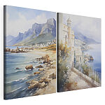 Modularer Leinwanddruck Aquarellbild einer Stadt und eines Strandes