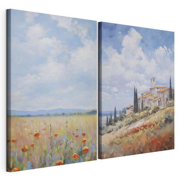 Modularer Leinwanddruck Gemälde einer Landschaft mit einem Gebäude und einem Blumenfeld (Artikelnummer: m01018) Modularer Leinwanddruck Modularer Leinwanddruck Gemälde einer Landschaft mit einem Gebäude und einem Blumenfeld (Artikelnummer: m01018)