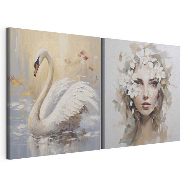 Modularer Leinwanddruck Gemälde einer Frau mit Blumen im Haar und einem Schwan