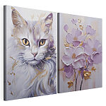 Modularer Leinwanddruck Ein Gemälde mit einer Katze und ein Gemälde mit Blumen