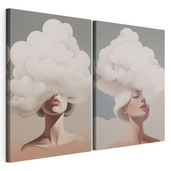 Frau mit weißem Haar und Wolken auf dem Kopf Modularer Leinwanddruck Frau mit weißem Haar und Wolken auf dem Kopf