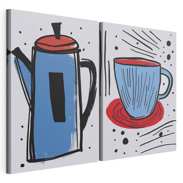 Zeichnung einer Kaffeekanne und einer Tasse Modularer Leinwanddruck Zeichnung einer Kaffeekanne und einer Tasse