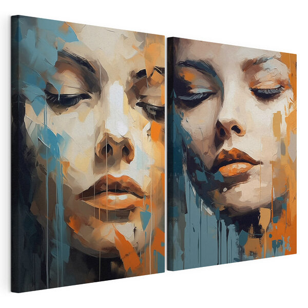 Modularer Leinwanddruck Das Gesicht einer Frau mit orangefarbener und blauer Farbe