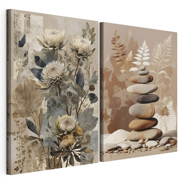 Collage aus Blumen und Steinen Modularer Leinwanddruck Collage aus Blumen und Steinen