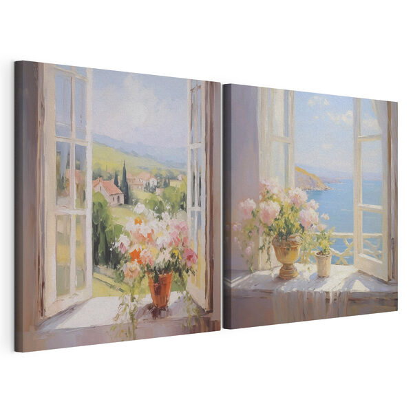 Gemälde mit Blumen auf einer Fensterbank Modularer Leinwanddruck Gemälde mit Blumen auf einer Fensterbank