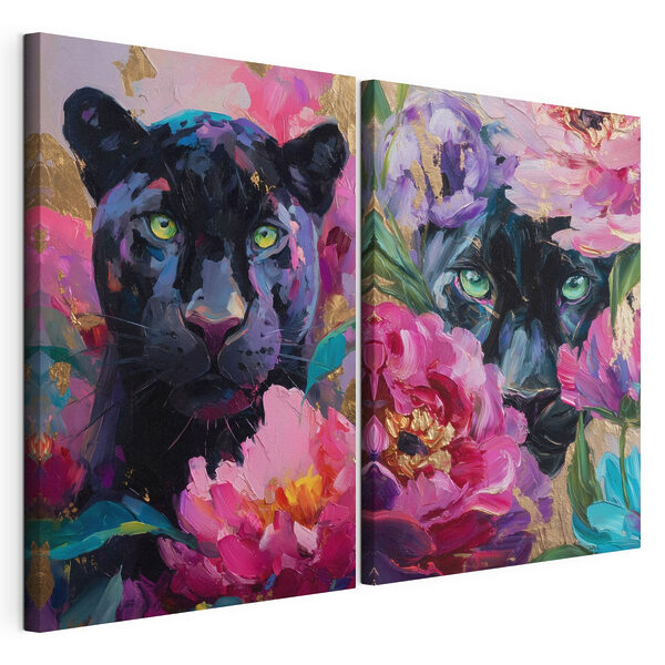 Modularer Leinwanddruck Gemälde eines Panthers und eines Panthers mit Blumen (Artikelnummer: m30090) Modularer Leinwanddruck Modularer Leinwanddruck Gemälde eines Panthers und eines Panthers mit Blumen (Artikelnummer: m30090)