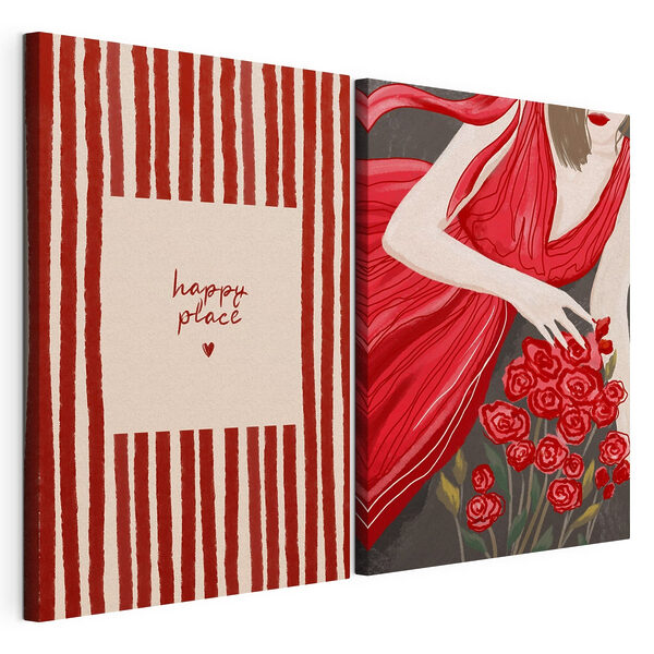 Modularer Leinwanddruck Frau in einem roten Kleid, die Blumen in der Hand hält (Artikelnummer: m30107) Modularer Leinwanddruck Modularer Leinwanddruck Frau in einem roten Kleid, die Blumen in der Hand hält (Artikelnummer: m30107)