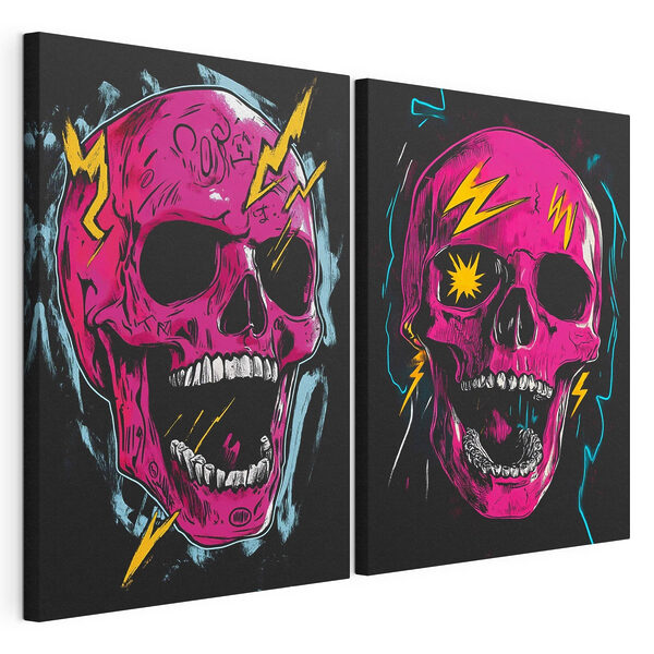 Collage aus einem rosa Totenkopf mit Blitzen Modularer Leinwanddruck Collage aus einem rosa Totenkopf mit Blitzen