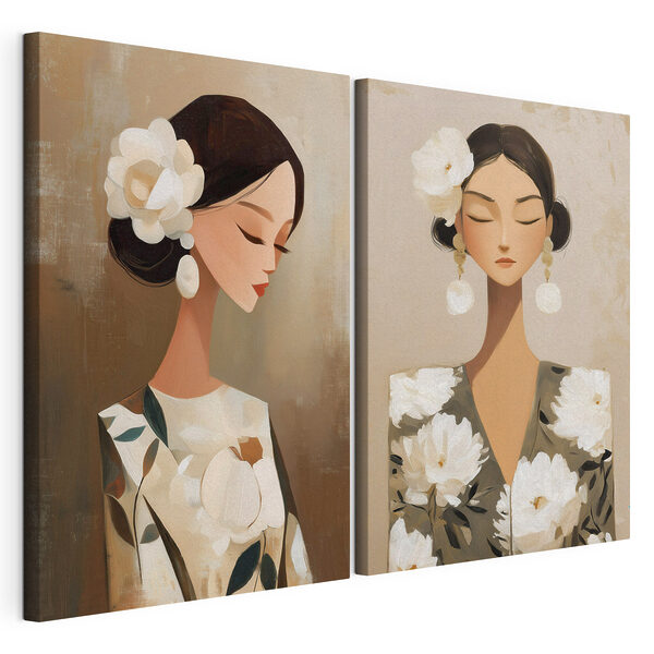 Modularer Leinwanddruck Collage einer Frau mit Blumen im Haar