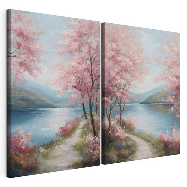 Modularer Leinwanddruck Gemälde eines Weges am See mit rosa Blumen