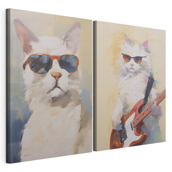 Modularer Leinwanddruck Katze mit Sonnenbrille, die eine Gitarre in der Hand hält