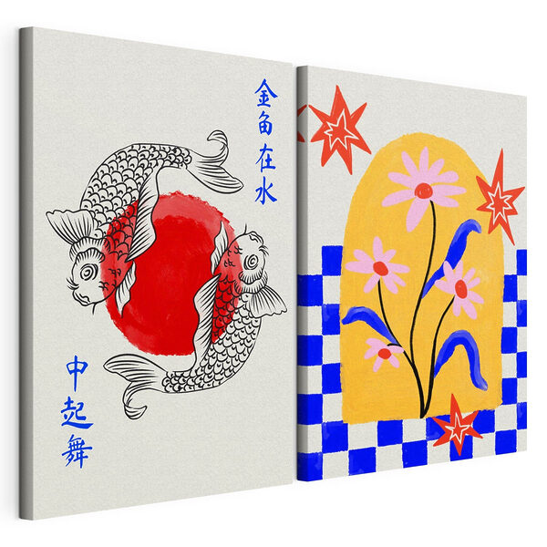 Modularer Leinwanddruck Modularer Leinwanddruck Zwei Karten mit Blumen und Fischen (Artikelnummer: m30235)