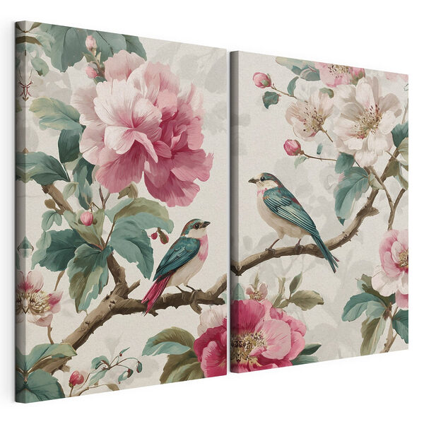 Zwei Vögel auf einem Ast mit Blumen Modularer Leinwanddruck Zwei Vögel auf einem Ast mit Blumen
