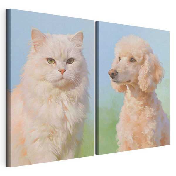 Katze und Hund, die in die Kamera schauen Modularer Leinwanddruck Katze und Hund, die in die Kamera schauen