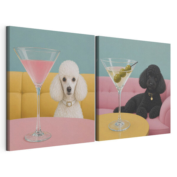 Modularer Leinwanddruck Modularer Leinwanddruck Hund, der mit einem Martini-Glas am Tisch sitzt (Artikelnummer: m30553)