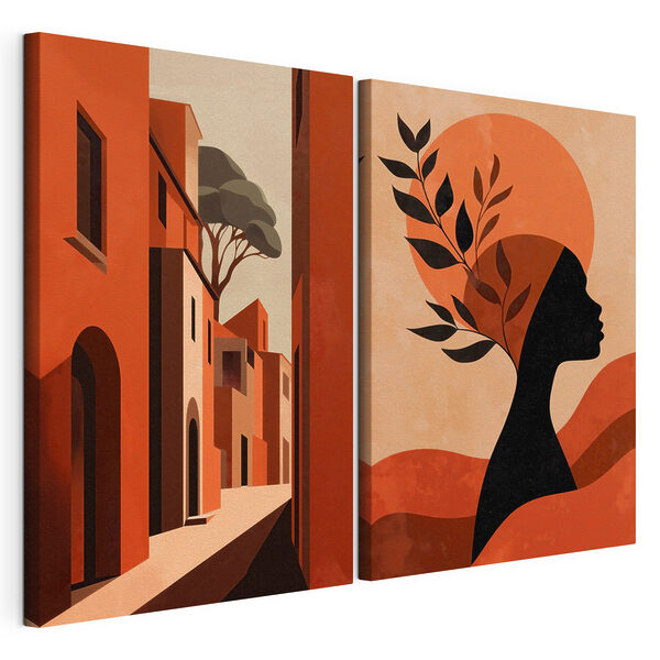 Modularer Leinwanddruck Eine Frau mit einem Hut auf dem Kopf und eine Straße mit Gebäuden (Artikelnummer: m30563) Modularer Leinwanddruck Modularer Leinwanddruck Eine Frau mit einem Hut auf dem Kopf und eine Straße mit Gebäuden (Artikelnummer: m30563)