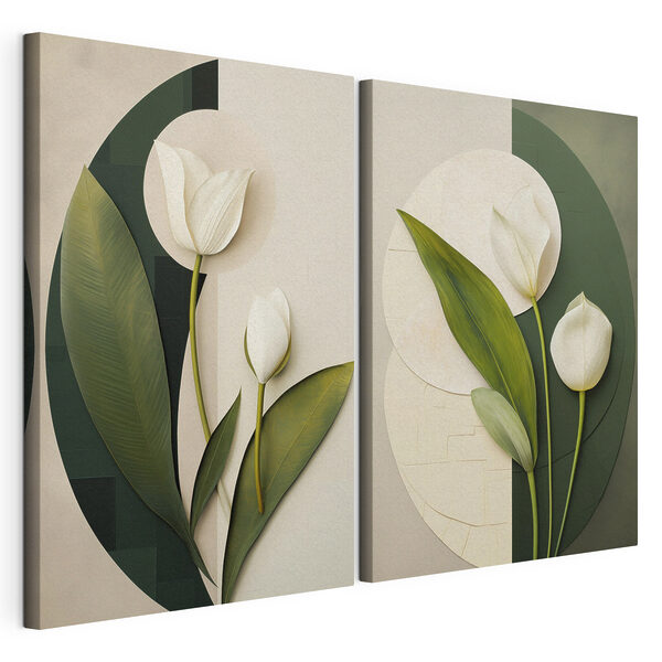 Modularer Leinwanddruck Collage aus weißen Blüten und grünen Blättern