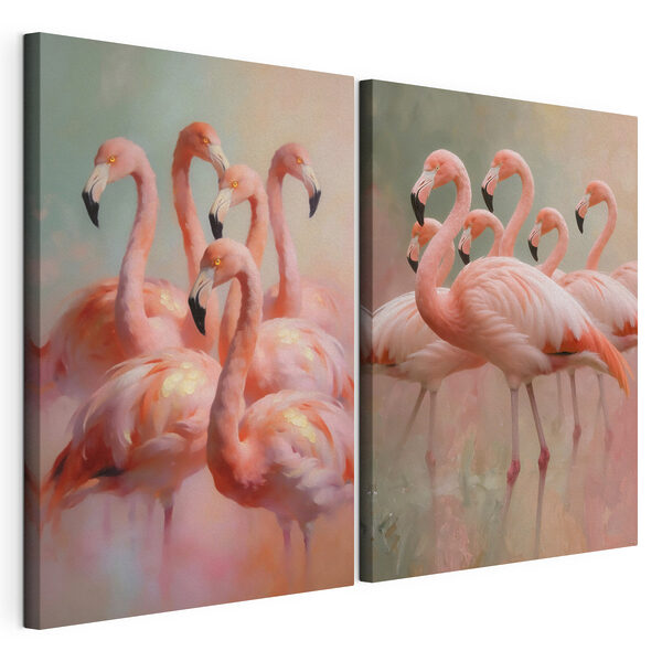 Eine Gruppe Flamingos, die beieinander stehen Modularer Leinwanddruck Eine Gruppe Flamingos, die beieinander stehen