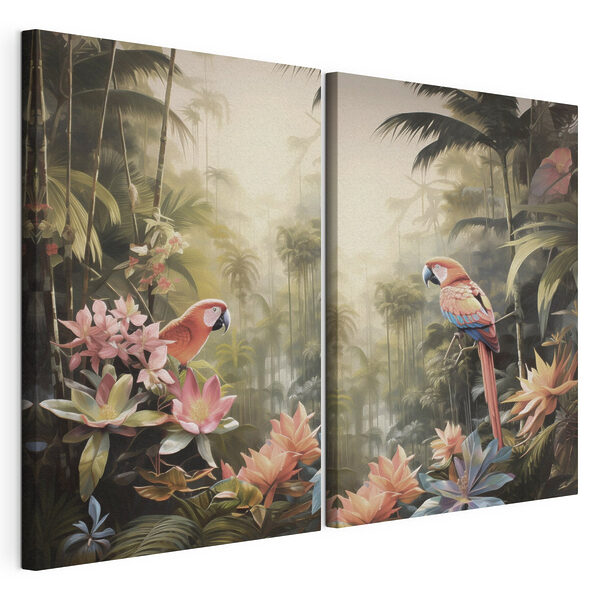 Modularer Leinwanddruck Ein Papageienpaar auf einem Ast in einem Wald (Artikelnummer: m30771) Modularer Leinwanddruck Modularer Leinwanddruck Ein Papageienpaar auf einem Ast in einem Wald (Artikelnummer: m30771)