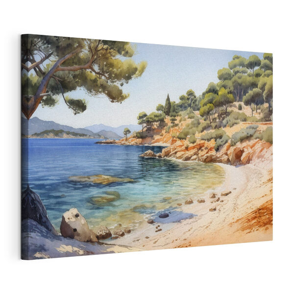 Aquarellbild eines Strandes mit Bäumen und Felsen Wandbilder Aquarellbild eines Strandes mit Bäumen und Felsen