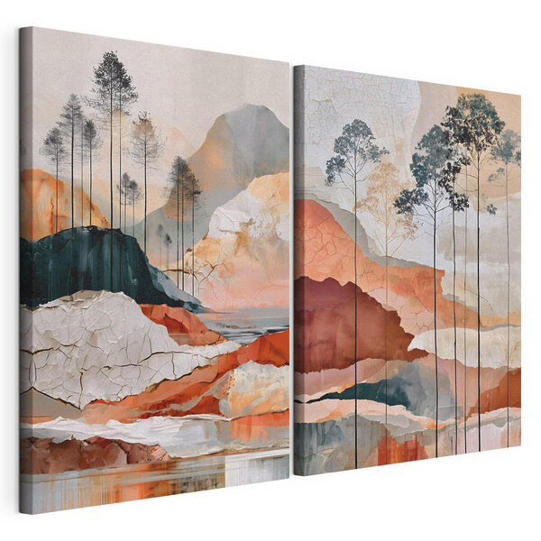 Gemälde einer Landschaft mit Bäumen und Wasser Modularer Leinwanddruck Gemälde einer Landschaft mit Bäumen und Wasser