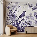 Fototapeten Vogel auf einem Ast mit Blumen