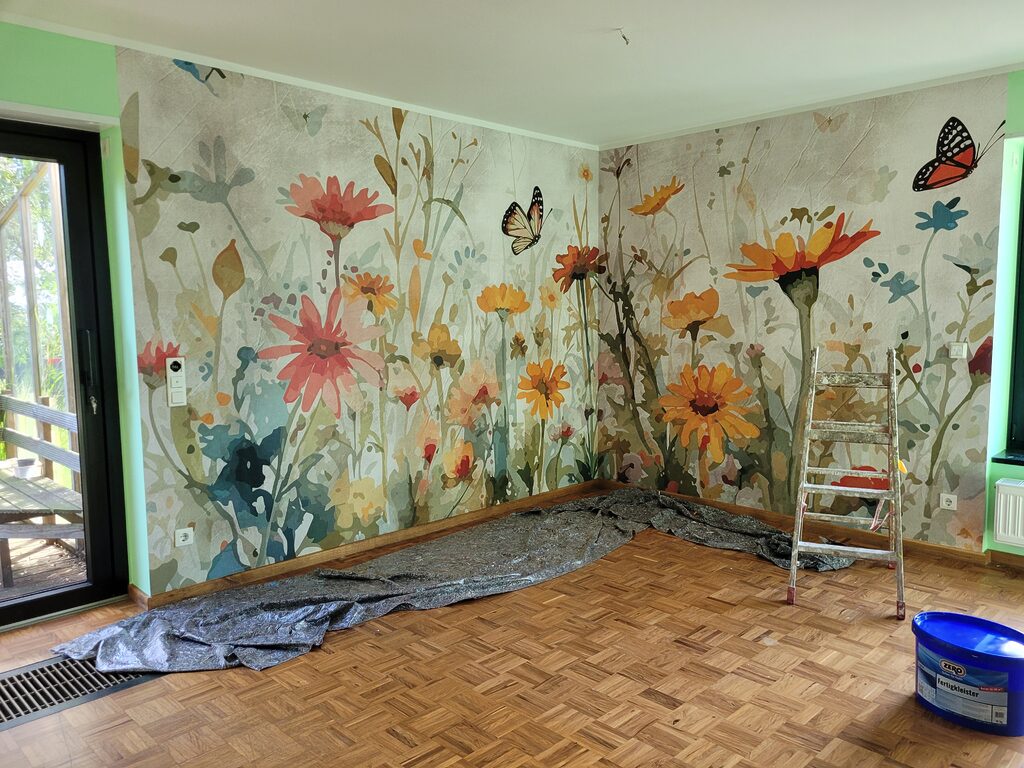 Fototapete Schmetterlinge tanzen über einer bunten Wiese